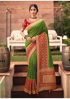 Green & Red  Pure Dola Silk Saree